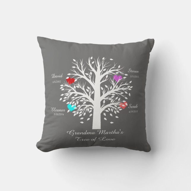 Grandma Tree (hearts) White on Gray, 4 Names/Dates Throw Pillow (Front)