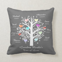 Grandma Tree (hearts) White on Gray, 8 Names/Dates Throw Pillow Grandma Tree (hearts) White on Gray, 8 Names/Dates Throw Pillow
