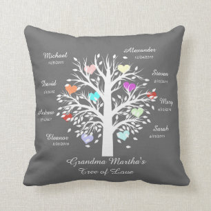 Grandma Tree (hearts) White on Gray, 8 Names/Dates Throw Pillow