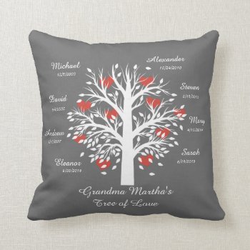 Grandma Tree (hearts) White On Gray  8 Names/dates Throw Pillow by PicturesByDesign at Zazzle