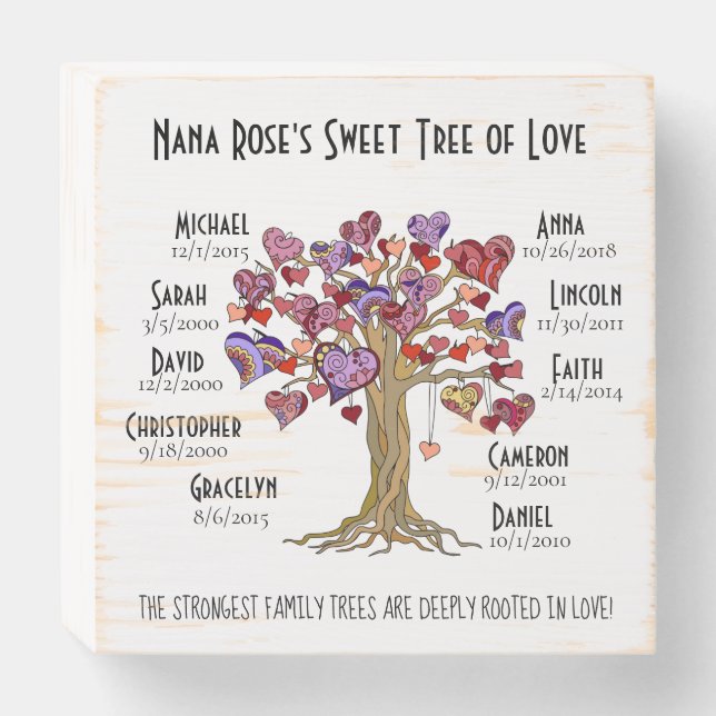 Grandma Tree of Love (hearts), with 10 Names/Dates Wooden Box Sign (Front Horizontal)