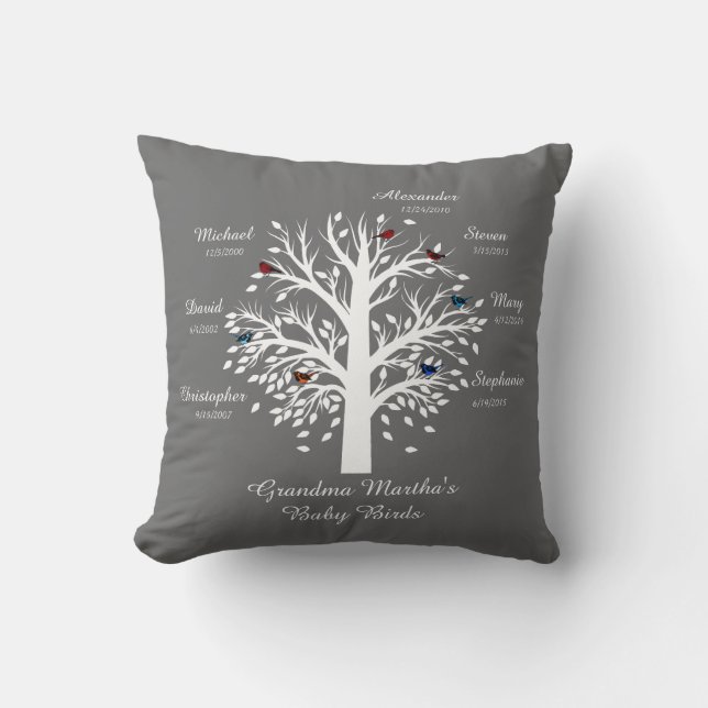 Grandma Tree, White on Gray, 7 Names & Dates Throw Pillow (Front)