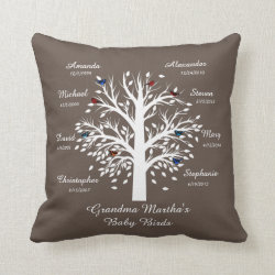 Grandma Tree, White on Taupe, 8 Names & Dates Throw Pillow
