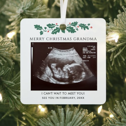 Grandma Ultrasound Pregnancy Christmas Baby Reveal Metal Ornament