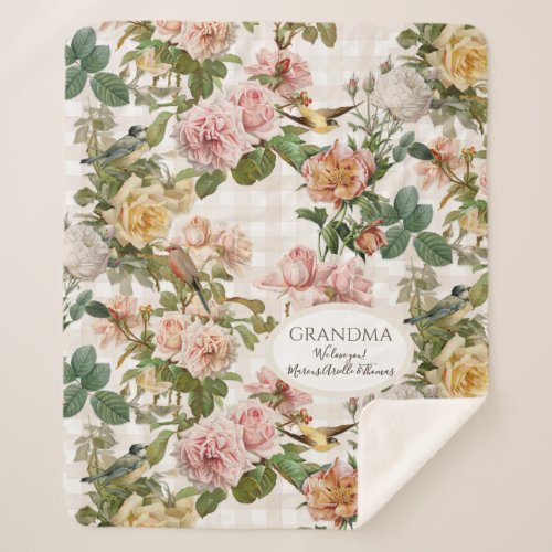Grandma Vintage Floral Pink Yellow Rose n Birds Sh Sherpa Blanket
