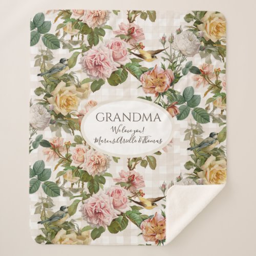 Grandma Vintage Floral Pink Yellow Rose n Birds Sherpa Blanket