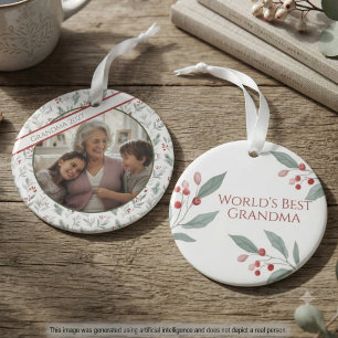 Grandma Watercolor Holly Photo Keepsake Ornament