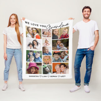 Grandma We Love You 13 Photo Collage White Fleece Blanket