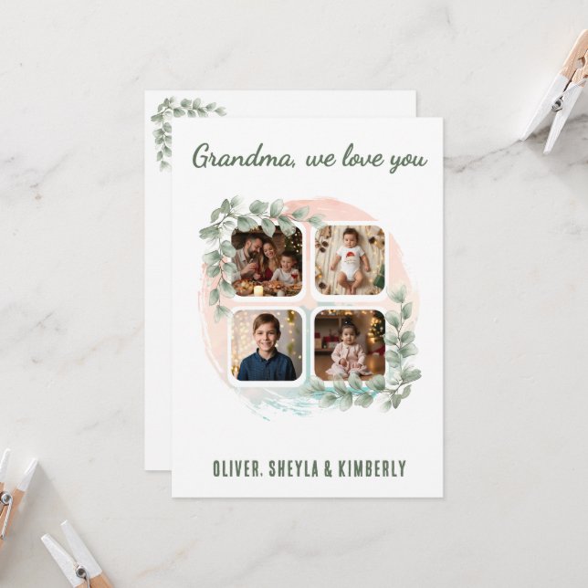 Grandma we love you 6 Photo Collage Eucalyptus Card (Front/Back In Situ)