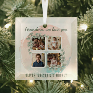 Grandma we love you 6 Photo Collage Eucalyptus Glass Ornament