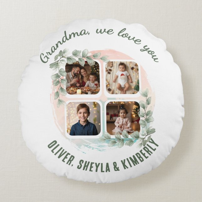 Grandma we love you 6 Photo Collage Eucalyptus Round Pillow (Front)