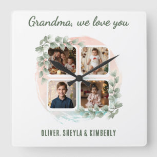 Grandma we love you 6 Photo Collage Eucalyptus Square Wall Clock