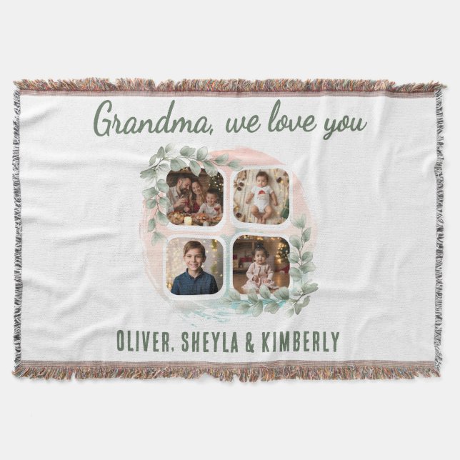 Grandma we love you 6 Photo Collage Eucalyptus Throw Blanket (Front)