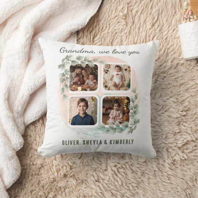 Grandma we love you 6 Photo Collage Eucalyptus Throw Pillow (Blanket)
