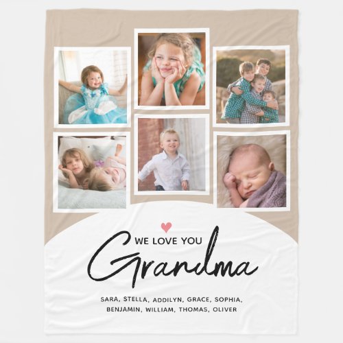 Grandma We Love You 6 Photo Script Tan Fleece Blanket
