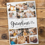 Grandma We Love you Hearts Modern Photo Collage Kitchen Towel<br><div class="desc">We love you Grandma! Cute, modern custom family photo collage kitchen towel to show grandma how much she's loved. We love this hand lettered script design with heart flourishes, making this a heartfelt keepsake gift for a beloved grandparent. Personalize with 12 favorite pictures and your personal message and names. Available...</div>
