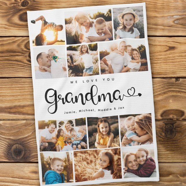 Grandma We Love you Hearts Modern Photo Collage Kitchen Towel (Creator Uploaded)