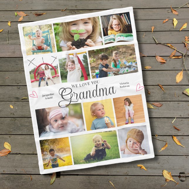 Grandma We Love You Personalized Hearts Fleece Blanket (Grandma custom fleece blanket with your photos and text.)