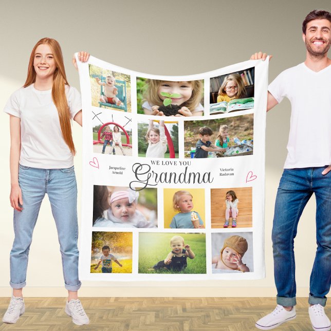 Grandma We Love You Personalized Hearts Modern Fleece Blanket (Custom Grandma fleece blanket your favorite photos and text.)