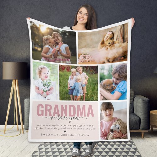Grandma We Love You Photo Collage Pink Fleece Blanket