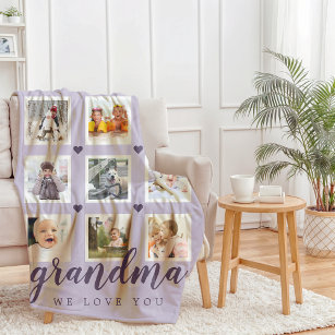 Grandma We Love You Photo Collage Purple Fleece Blanket