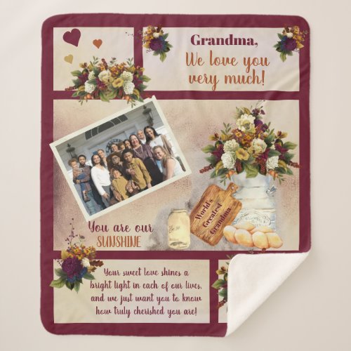 Grandma We Love You Photo Fall Floral  Text Sherpa Blanket