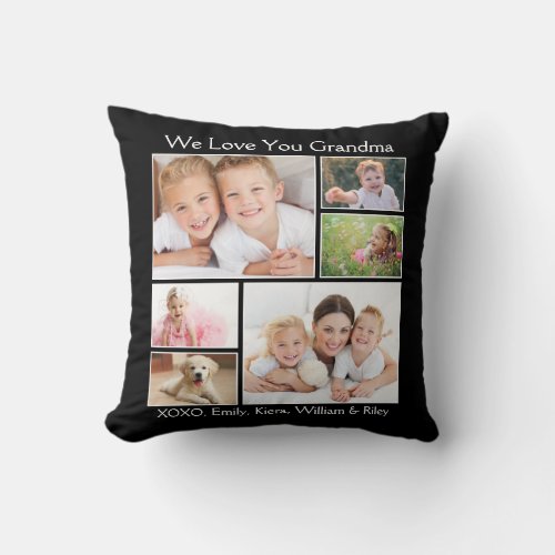 Grandma We Love You Photo Names Personalized Black Throw Pillow