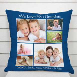 Grandma We Love You Photo Names Personalized Blue Throw Pillow