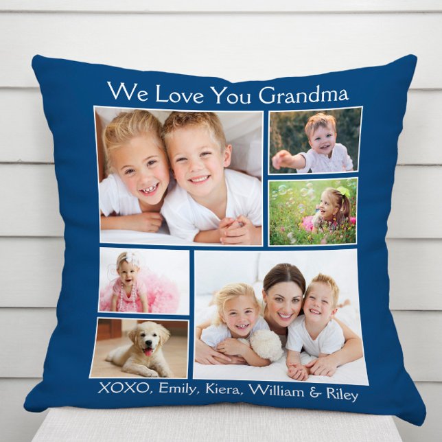 Grandma We Love You Photo Names Personalized Blue Throw Pillow (Creator Uploaded)