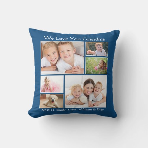 Grandma We Love You Photo Names Personalized Blue Throw Pillow