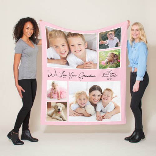 Grandma We Love You Photo Names Personalized Pink Fleece Blanket