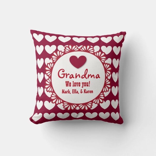 GRANDMA We Love You with Hearts and Lace C02 Throw Pillow (Front)