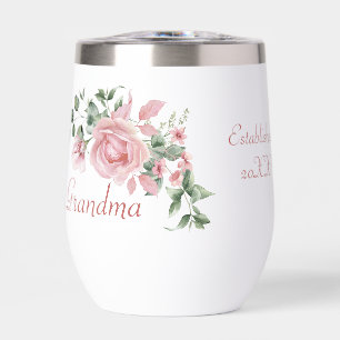 Grandma Year Established Custom Pink Roses Thermal Wine Tumbler