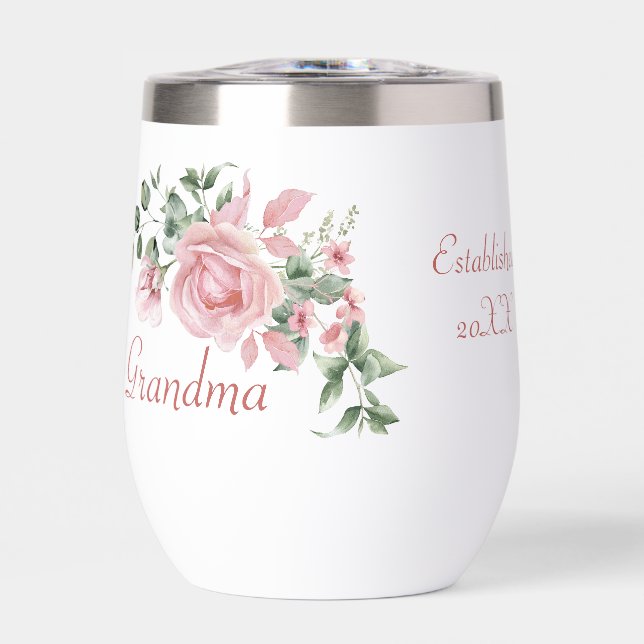 Grandma Year Established Custom Pink Roses  Thermal Wine Tumbler (Front)