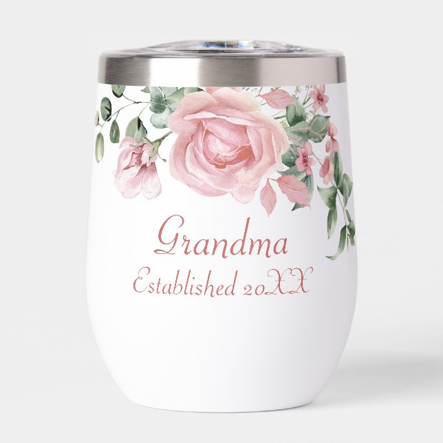 Grandma Year Established Custom Pink Roses  Thermal Wine Tumbler (Front)
