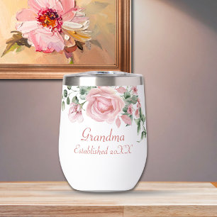 Grandma Year Established Custom Pink Roses Thermal Wine Tumbler