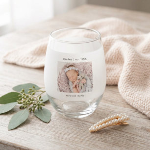 Grandma Year Established New Baby Photo Stemless Wine Glass