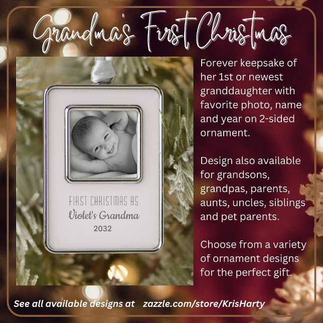 Grandma's 1st Christmas Personalized Name Photo Ornament (Grandmas First Christmas with 1st or Newest Granddaughter. Photo name year on vertical metal ornamnt)