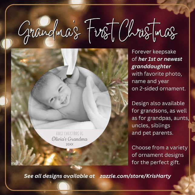 Grandma's 1st Christmas Personalized Name Photo Ornament (Grandma's First Christmas with 1st or newest granddaughter. Gift her this forever keepsake.)
