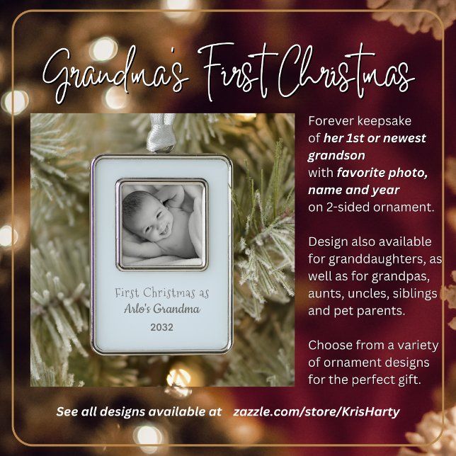 Grandma's 1st Christmas Personalized Photo Name Ornament (First Christmas as Grandma to 1st or newest grandson. Gift her this forever keepsake she'll love.)