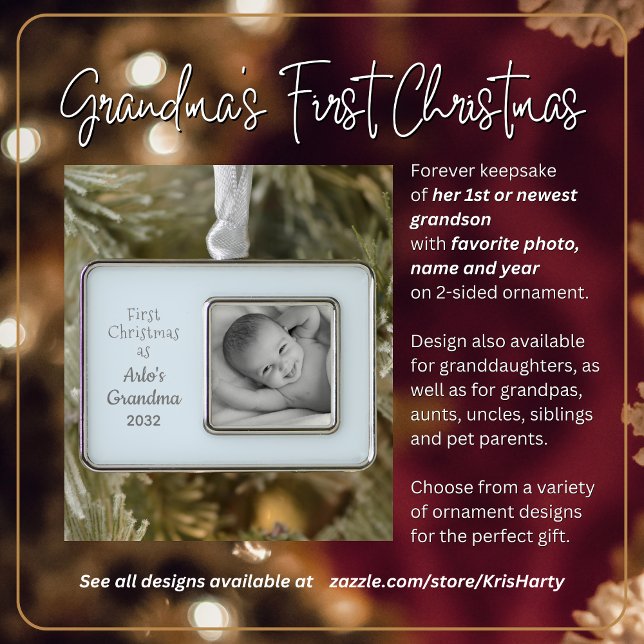 Grandma's 1st Christmas Personalized Photo Name Ornament (First Christmas as Grandma to grandson. Gift her this keepsake she'll treasure forever.)