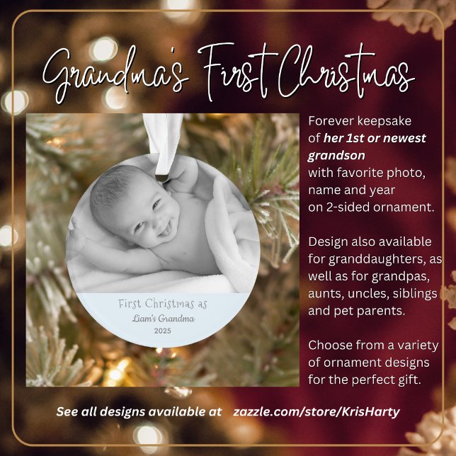 Grandma's 1st Christmas Personalized Photo Name Ornament (Grandma's First Christmas with 1st or newest grandson. Gift her this forever keepsake she'll love.)