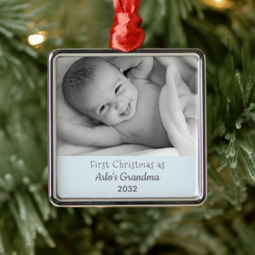 Grandmas 1st Christmas Personalized Square Photo Metal Ornament