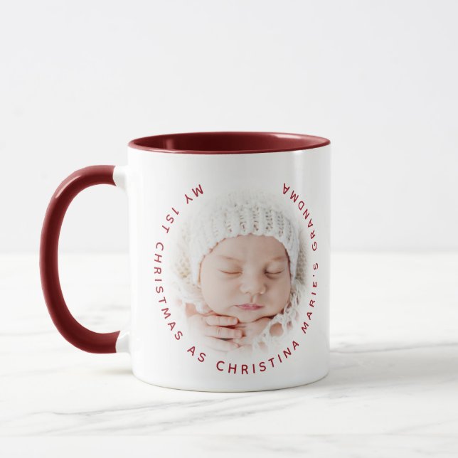 Grandma's 1st Christmas Red Typography Baby Photo Mug (Left)