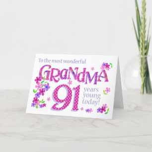 Grandma's 91st Birthday Word Art with Flowers Card