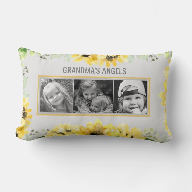 Grandma's Angels Sunflower Grey  3 Photo Names Lumbar Pillow (Front)