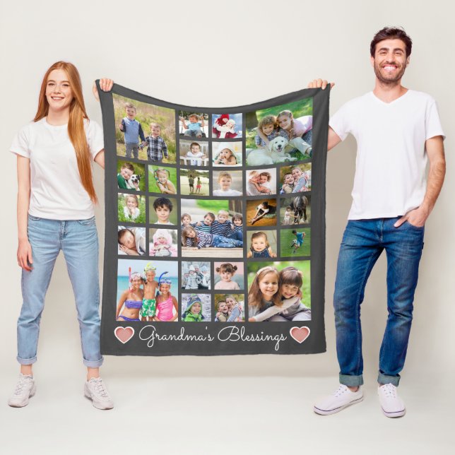 Grandma's Blessings 27 Photo Collage Custom Color Fleece Blanket (In Situ)