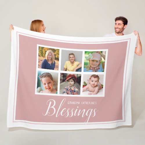 Grandma's Blessings 6 Photo Collage Pink Fleece Blanket