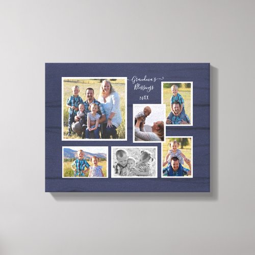 Grandmas Blessings Navy Wood 6 Photo Collage Canvas Print