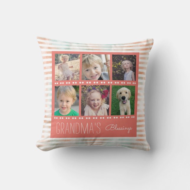 Grandma's Blessings Photo Collage Orange & Teal Throw Pillow (Front)